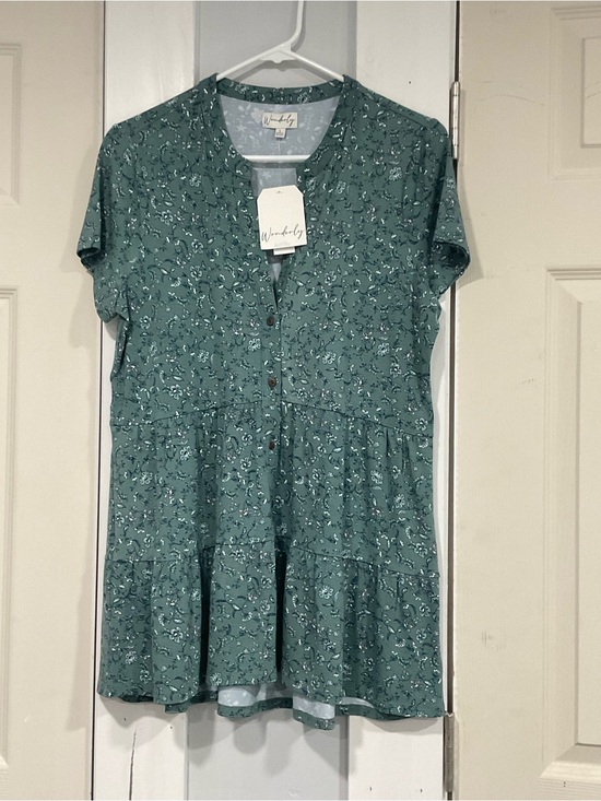 Wonderly Tops - Wonderly Teal Green Floral Button-Tiered Short Sleeve Tunic